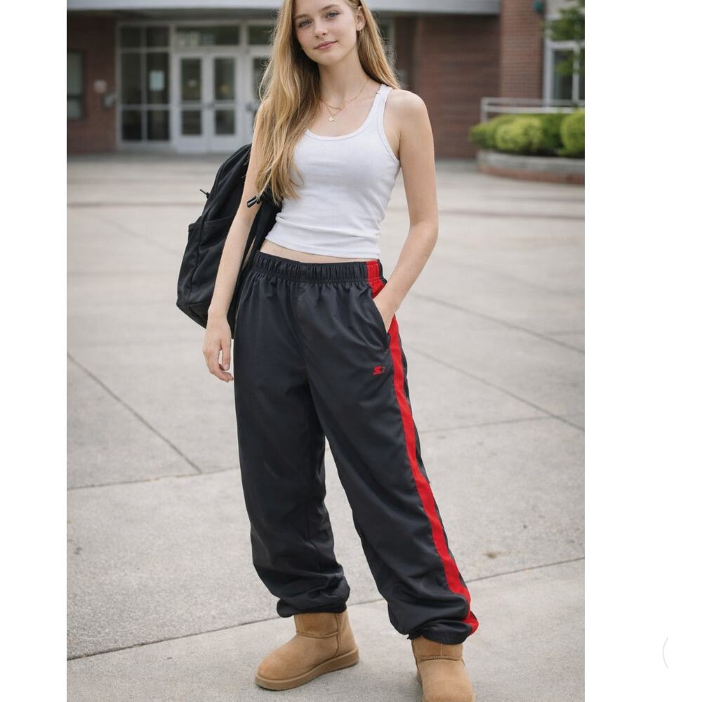 Vintage Starter Track Pants Size Medium Black Red Streetwear y2K Era Athletic